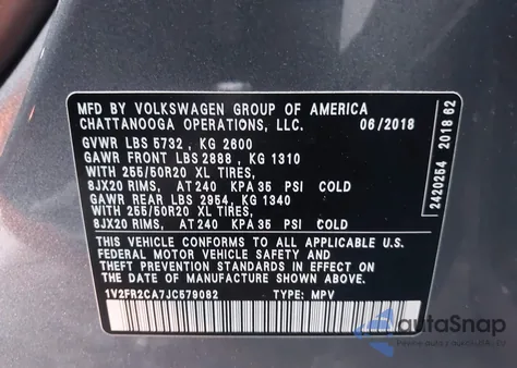 2018 Volkswagen Atlas 3.6L V6 Se W/Technology z USA, uszkodzony, nr VIN 1V2FR2CA7JC579082